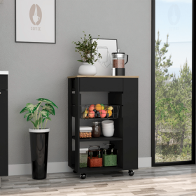 Rosemont Kitchen Cart, Two Open Shelves, Four Casters, One Drawer (Color: Black / Light Oak)