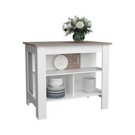 Delos Kitchen Island, kitchen table 35" H, Four Legs, Three Open Storage Shelves (Color: White / Taupe)
