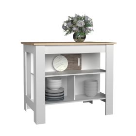 Delos Kitchen Island, kitchen table 35" H, Four Legs, Three Open Storage Shelves (Color: White / Light Pine)