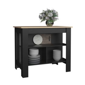 Delos Kitchen Island, kitchen table 35" H, Four Legs, Three Open Storage Shelves (Color: Black / Light Pine)