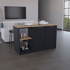 Coral Kitchen Island with Large Countertop, Open Storage Shelves and Double Door Cabinet (Color: Macadamia / Black, Material: Manufactured Wood)