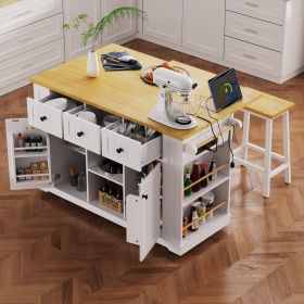 53 inch Large Kitchen Island with Drop Leaf,Power Outlet,Door Internal Storage Rack (Color: White, Material: MDF)