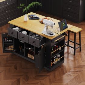 53 inch Large Kitchen Island with Drop Leaf,Power Outlet,Door Internal Storage Rack (Color: Black, Material: MDF)