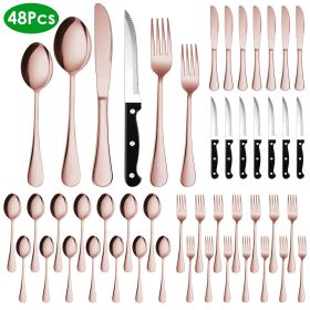 48-Piece Silverware Set Stainless Steel Flatware Cutlery Set Tableware Eating Utensils for 8 with Knife Fork Spoon Dishwasher Safe for Home Kitch (Color: Rose Gold)