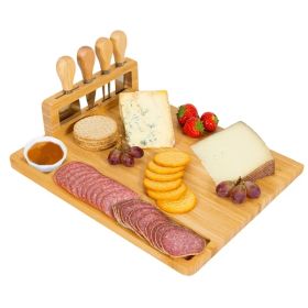 Bamboo Cheese Board Charcuterie Cheese Platter Board Serving Tray With Cutlery Set For Wedding Birthdays Christmas (Color: Yellow)